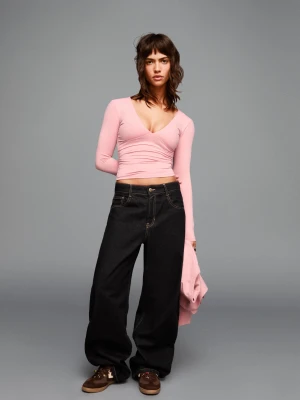 Bershka Marszczona Koszulka Z Długim Rękawem Kobieta Różowy