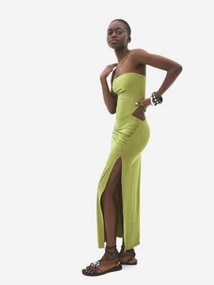 Bershka Marszczona Sukienka Midi Bandeau Kobieta Zielony