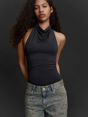 Bershka Marszczone Body Z Dekoltem Halter Kobieta Ciemnoszary