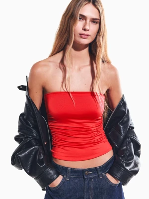 Bershka Marszczony Top Bandeau Kobieta Koralowy