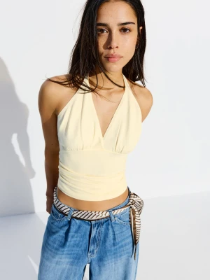 Bershka Marszczony Top Halter Kobieta Beżowy