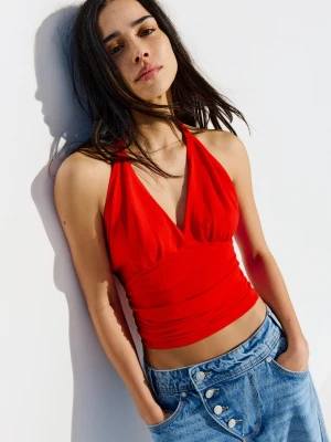 Bershka Marszczony Top Halter Kobieta Czerwony