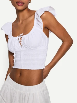 Bershka Marszczony Top W Rustykalnym Stylu Kobieta Biały