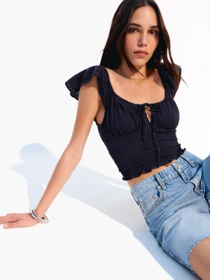 Bershka Marszczony Top W Rustykalnym Stylu Kobieta Granatowy