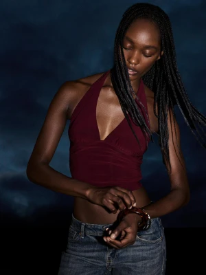 Bershka Marszczony Top Z Dekoltem Halter Kobieta Bordowy