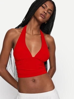 Bershka Marszczony Top Z Dekoltem Halter Kobieta Czerwony