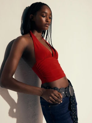 Bershka Marszczony Top Z Dekoltem Halter Kobieta Czerwony