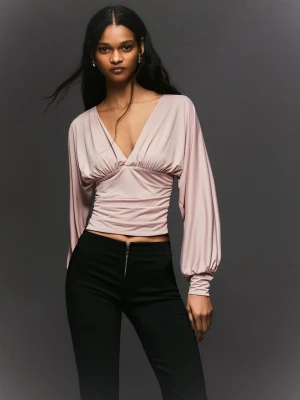 Bershka Marszczony Top Z Długim Rękawem Kobieta Szary