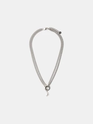 Bershka Stainless Steel Faux Pearl Bead Double Chain Necklace Mężczyzna Srebrny