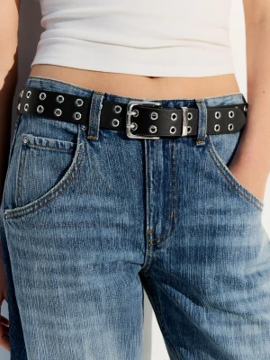 Bershka Pasek Z Podwójnymi Oczkami Kobieta Czarny