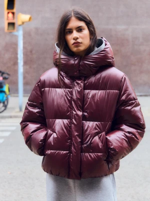 Bershka Pikowana Kurtka Oversize Z Kapturem Kobieta Bordowy