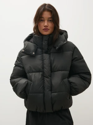Bershka Pikowana Kurtka Oversize Z Kapturem Kobieta Czarny