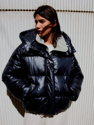 Bershka Pikowana Kurtka Oversize Z Kapturem Kobieta Granatowy