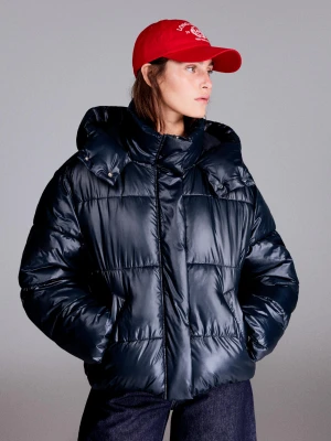 Bershka Pikowana Kurtka Oversize Z Kapturem Kobieta Granatowy