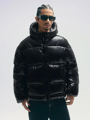 Bershka Pikowana Kurtka Z Kapturem Mężczyzna Czarny