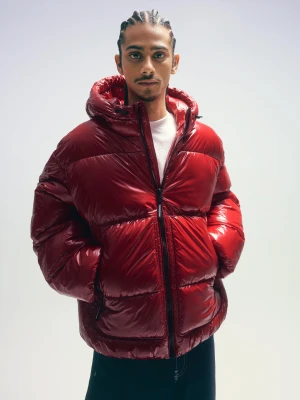Bershka Pikowana Kurtka Z Kapturem Mężczyzna Czerwony