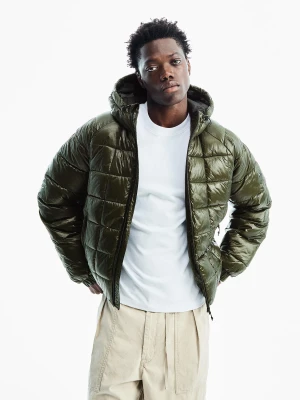 Bershka Pikowana Kurtka Z Kapturem W Kratkę Mężczyzna Khaki