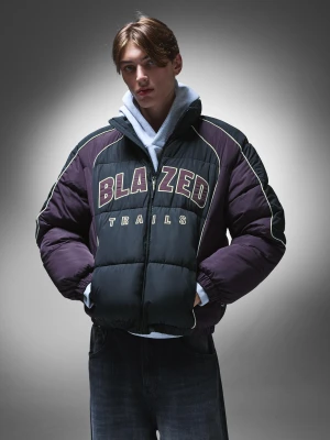 Bershka Pikowana Kurtka Z Nadrukiem Mężczyzna Czarny