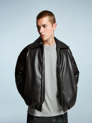 Bershka Pikowana Kurtka Ze Sztucznej Skóry Mężczyzna Czarny