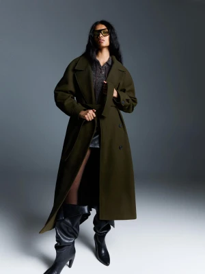 Bershka Płaszcz Oversize Z Wełną I Paskiem Kobieta Khaki