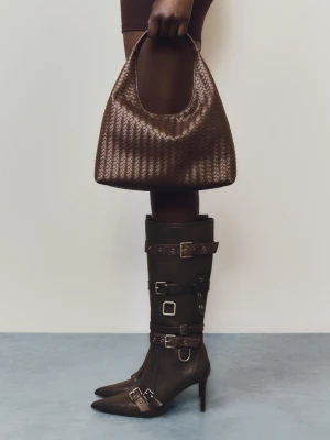 Bershka Pleciona Torba Typu Worek Kobieta Brązowy