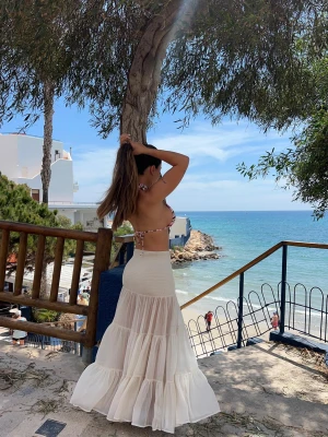 Bershka Plisowana Spódnica Maxi Kobieta Kremowy