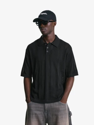 Bershka Polo Strukturalne Z Ażurowym Wzorem Mężczyzna Czarny