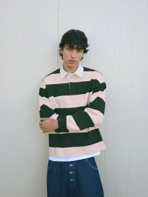 Bershka Polo Z Dzianiny Dresowej W Paski Mężczyzna Różowy