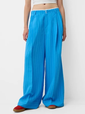 Bershka Poplinowe Spodnie Wide Leg Kobieta Niebieski