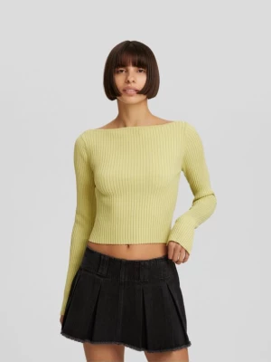 Bershka Prążkowany Sweter Z Dekoltem Łódką Kobieta Zielony
