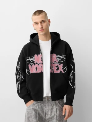 Zdjęcie produktu Bershka Rozpinana Bluza O Pudełkowym Kroju Z Nadrukiem Mężczyzna Szary