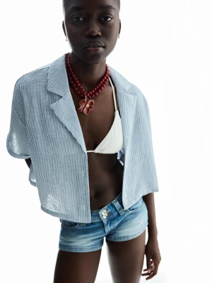 Bershka Rustykalna Koszula Z Fakturą I Krótkim Rękawem Kobieta Granatowy