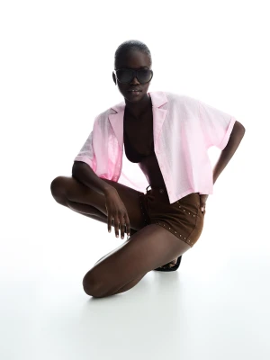 Bershka Rustykalna Koszula Z Fakturą I Krótkim Rękawem Kobieta Różowy