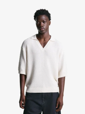 Bershka Rustykalna Koszulka Polo Mężczyzna Kremowy