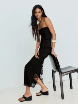 Bershka Rustykalna Sukienka Midi Bandeau Kobieta Czarny