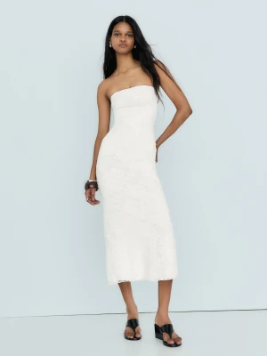 Bershka Rustykalna Sukienka Midi Bandeau Kobieta Kremowy