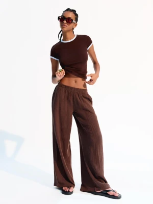 Bershka Rustykalne Spodnie Wide Leg Z Podwójnej Tkaniny Kobieta Brązowy