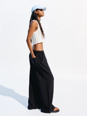 Bershka Rustykalne Spodnie Wide Leg Z Podwójnej Tkaniny Kobieta Czarny