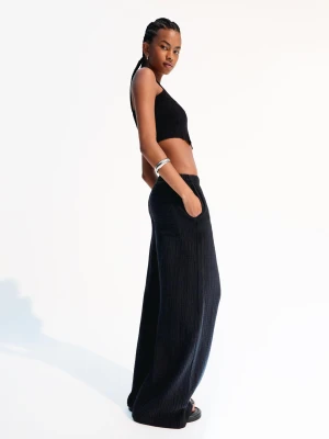 Bershka Rustykalne Spodnie Wide Leg Z Podwójnej Tkaniny Kobieta Czarny