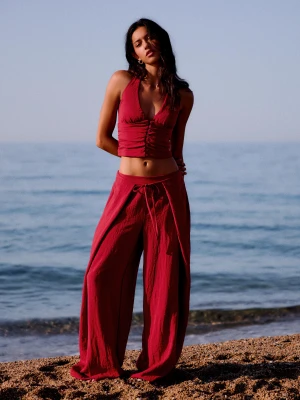 Bershka Rustykalne Spodnie Wide Leg Ze Zmarszczkami Kobieta Czerwony