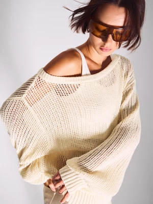 Bershka Rustykalny Sweter Ażurowy Kobieta Kremowy