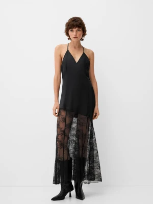 Zdjęcie produktu Bershka Satynowa Sukienka Maxi Na Ramiączkach Z Koronkową Spódnicą Kobieta Czarny