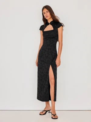 Bershka Satynowa Sukienka Midi Żakardowa Kobieta Czarny