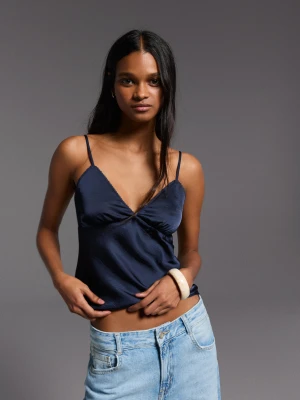 Bershka Satynowy Top Z Koronką Kobieta Granatowy