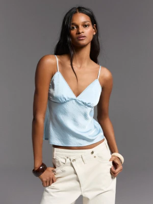Bershka Satynowy Top Z Koronką Kobieta Jasnoniebieski
