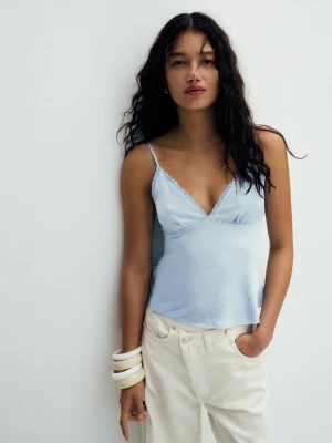 Bershka Satynowy Top Z Koronką Kobieta Jasnoniebieski