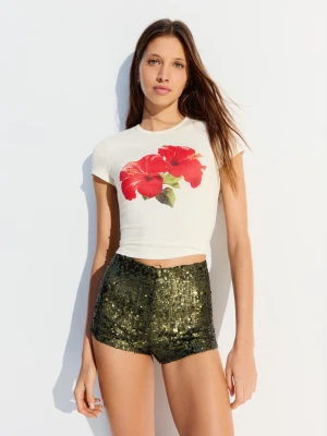 Bershka Shorty Mini Z Cekinami Kobieta Khaki
