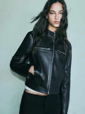Bershka Skórzana Kurtka Biker Z Suwakiem Kobieta Czarny