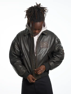 Bershka Skórzana Kurtka Bomber Aries X Bershka Mężczyzna Brązowy