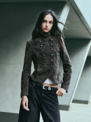 Bershka Skórzana Kurtka Dwurzędowa Z Guzikami Kobieta Zielony